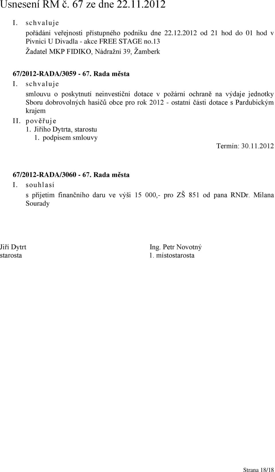 Rada města smlouvu o poskytnutí neinvestiční dotace v požární ochraně na výdaje jednotky Sboru dobrovolných hasičů obce pro rok 2012 - ostatní části dotace