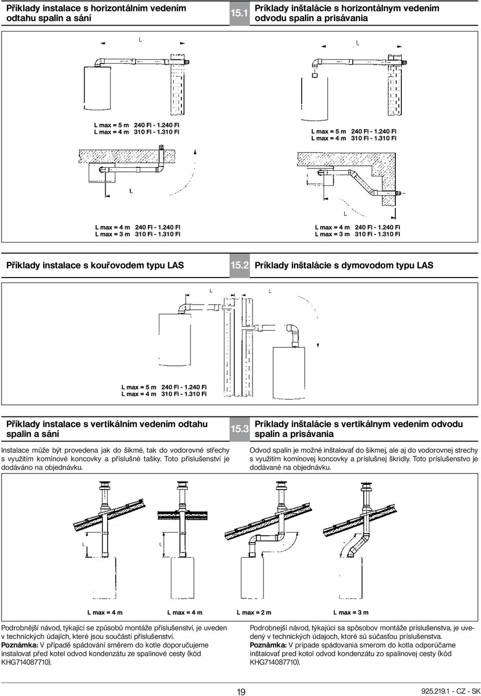3 Príklady inštalácie s vertikálnym vedením odvodu spalín a prisávania Instalace může být provedena jak do šikmé, tak do vodorovné střechy s využitím komínové koncovky a příslušné tašky.