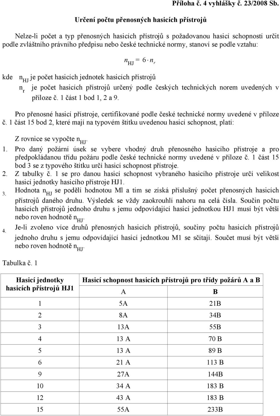 je počet hasicích jednotek hasicích přístrojů n r je počet hasicích přístrojů určený podle českých technických norem uvedených v příloze č. 1 část 1 bod 1, 2 a 9.