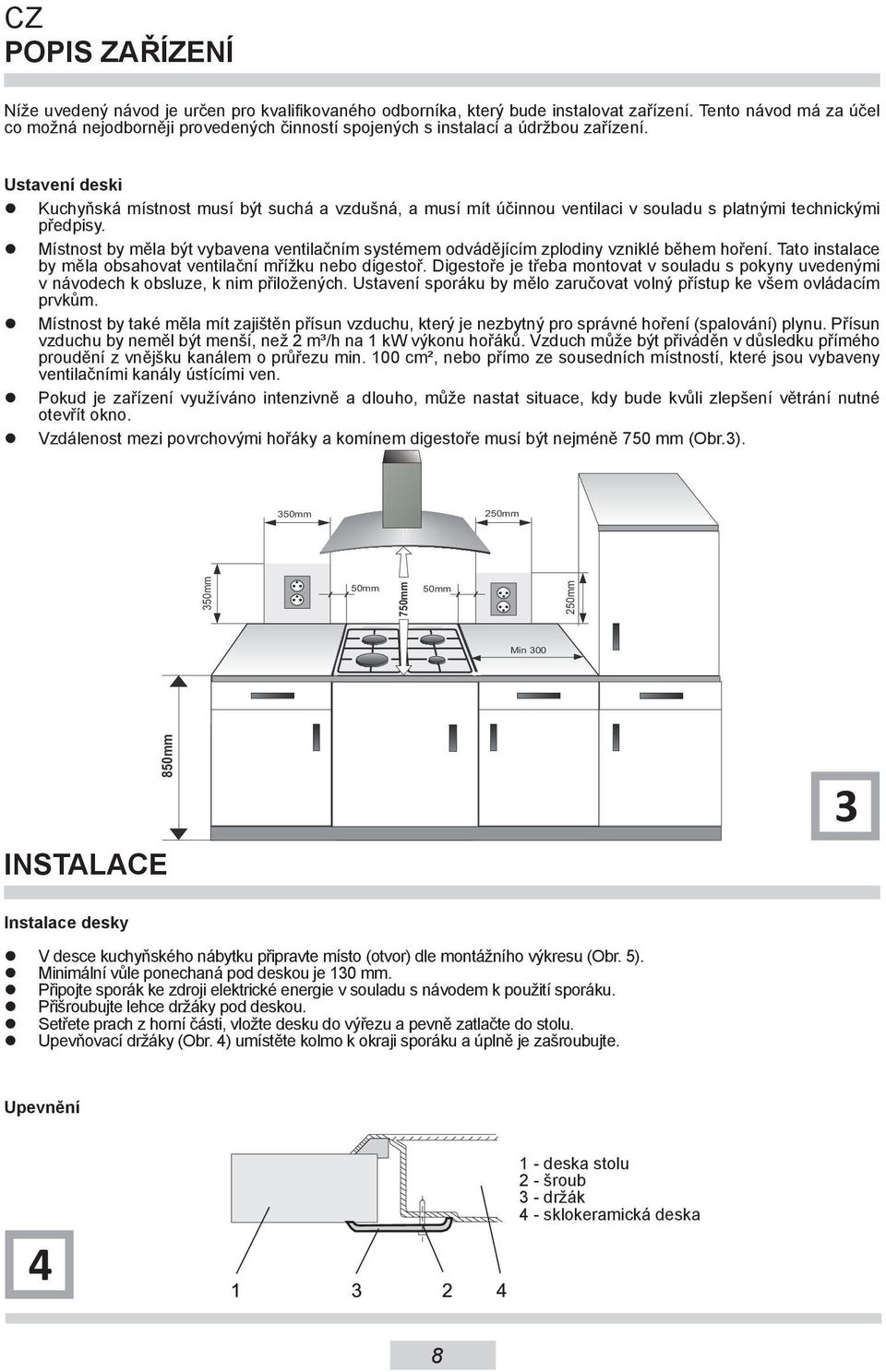 Ustavení deski Kuchyňská místnost musí být suchá a vzdušná, a musí mít účinnou ventilaci v souladu s platnými technickými předpisy.