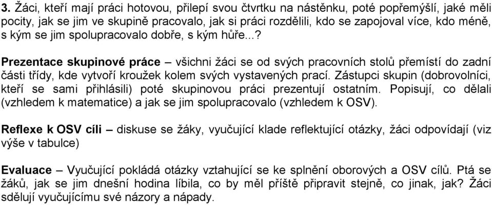 Zástupci skupin (dobrovolníci, kteří se sami přihlásili) poté skupinovou práci prezentují ostatním. Popisují, co dělali (vzhledem k matematice) a jak se jim spolupracovalo (vzhledem k OSV).