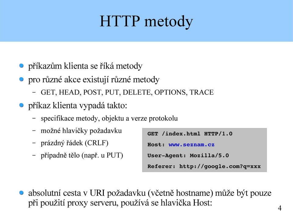 (CRLF) případně tělo (např. u PUT) GET /index.html HTTP/1.0 Host: www.seznam.cz User Agent: Mozilla/5.