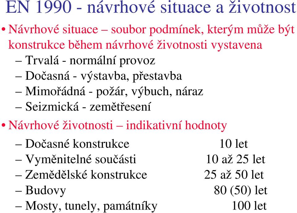 výbuch, náraz Seizmická - zemětřesení Návrhové životnosti indikativní hodnoty Dočasné konstrukce 10 let