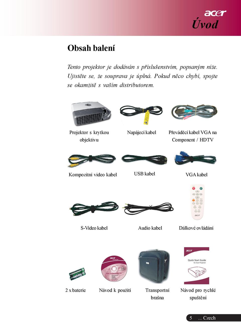 Projektor s krytkou objektivu Napájecí kabel Pøevádìcí kabel VGA na Component / HDTV Kompozitní video