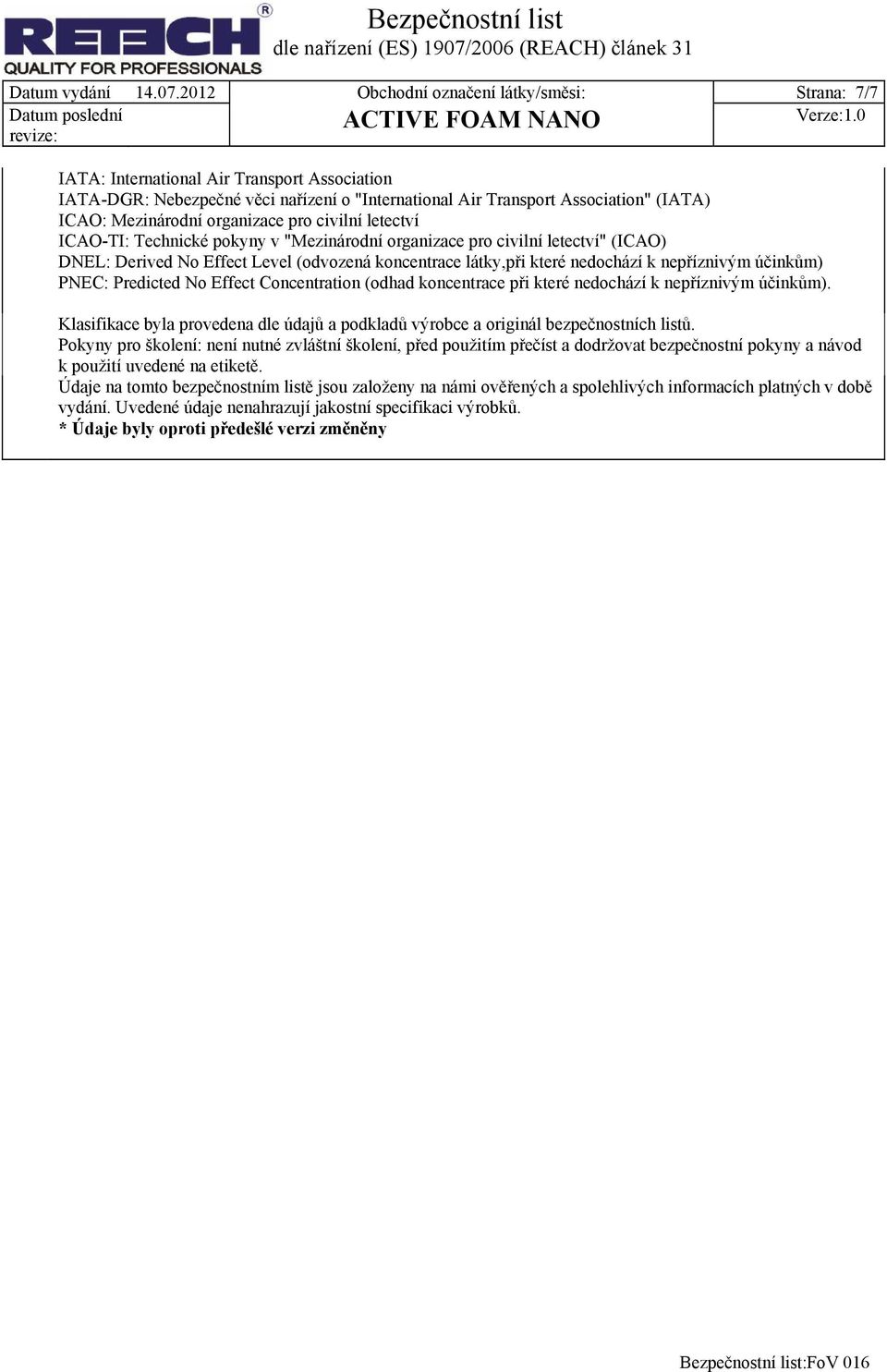 organizace pro civilní letectví ICAO-TI: Technické pokyny v "Mezinárodní organizace pro civilní letectví" (ICAO) DNEL: Derived No Effect Level (odvozená koncentrace látky,při které nedochází k