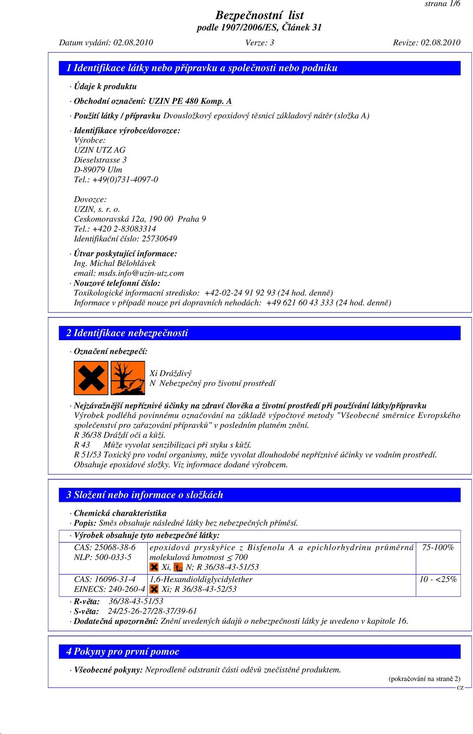 : +420 2-83083314 Identifikační číslo: 25730649 Útvar poskytující informace: Ing. Michal Bělohlávek email: msds.info@uzin-utz.
