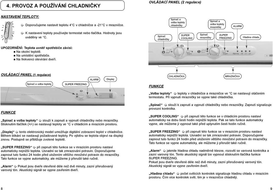 Spínač chladničky SUPER COOLING Spínač mrazničky SUPER FREEZING Hladina chladu UPOZORNĚNÍ: Teplota uvnitř spotřebiče závisí: Na okolní teplotě. Na umístění spotřebiče. Na frekvenci otevírání dveří.
