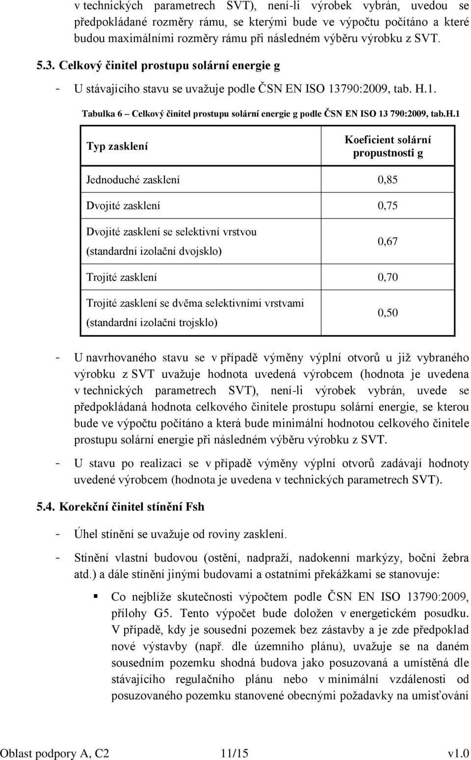 h.1 Typ zasklení Koeficient solární propustnosti g Jednoduché zasklení 0,85 Dvojité zasklení 0,75 Dvojité zasklení se selektivní vrstvou (standardní izolační dvojsklo) 0,67 Trojité zasklení 0,70