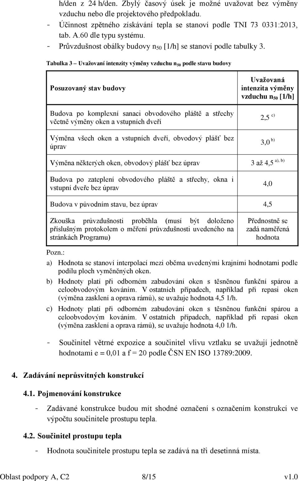 Tabulka 3 Uvažovaní intenzity výměny vzduchu n 50 podle stavu budovy Posuzovaný stav budovy Budova po komplexní sanaci obvodového pláště a střechy včetně výměny oken a vstupních dveří Výměna všech