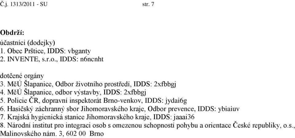 Policie ČR, dopravní inspektorát Brno-venkov, IDDS: jydai6g 6. Hasičský záchranný sbor Jihomoravského kraje, Odbor prevence, IDDS: ybiaiuv 7.