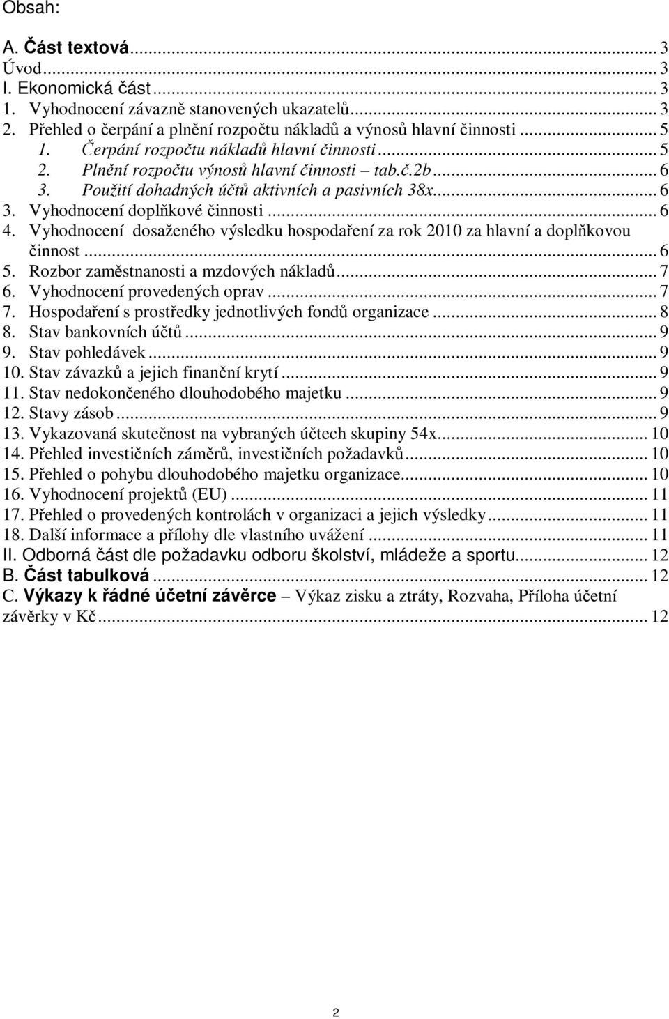 Vyhodnocení dosaženého výsledku hospodaení za rok 2010 za hlavní a doplkovou innost... 6 5. Rozbor zamstnanosti a mzdových náklad... 7 6. Vyhodnocení provedených oprav... 7 7.