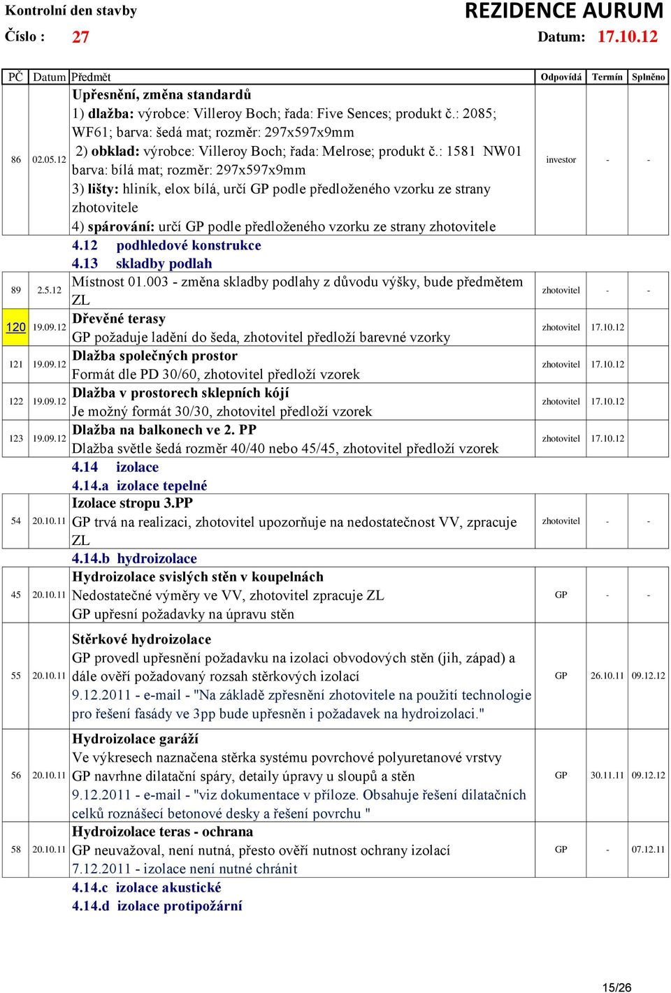 : 1581 NW01 barva: bílá mat; rozměr: 297x597x9mm 3) lišty: hliník, elox bílá, určí GP podle předloženého vzorku ze strany zhotovitele 4) spárování: určí GP podle předloženého vzorku ze strany