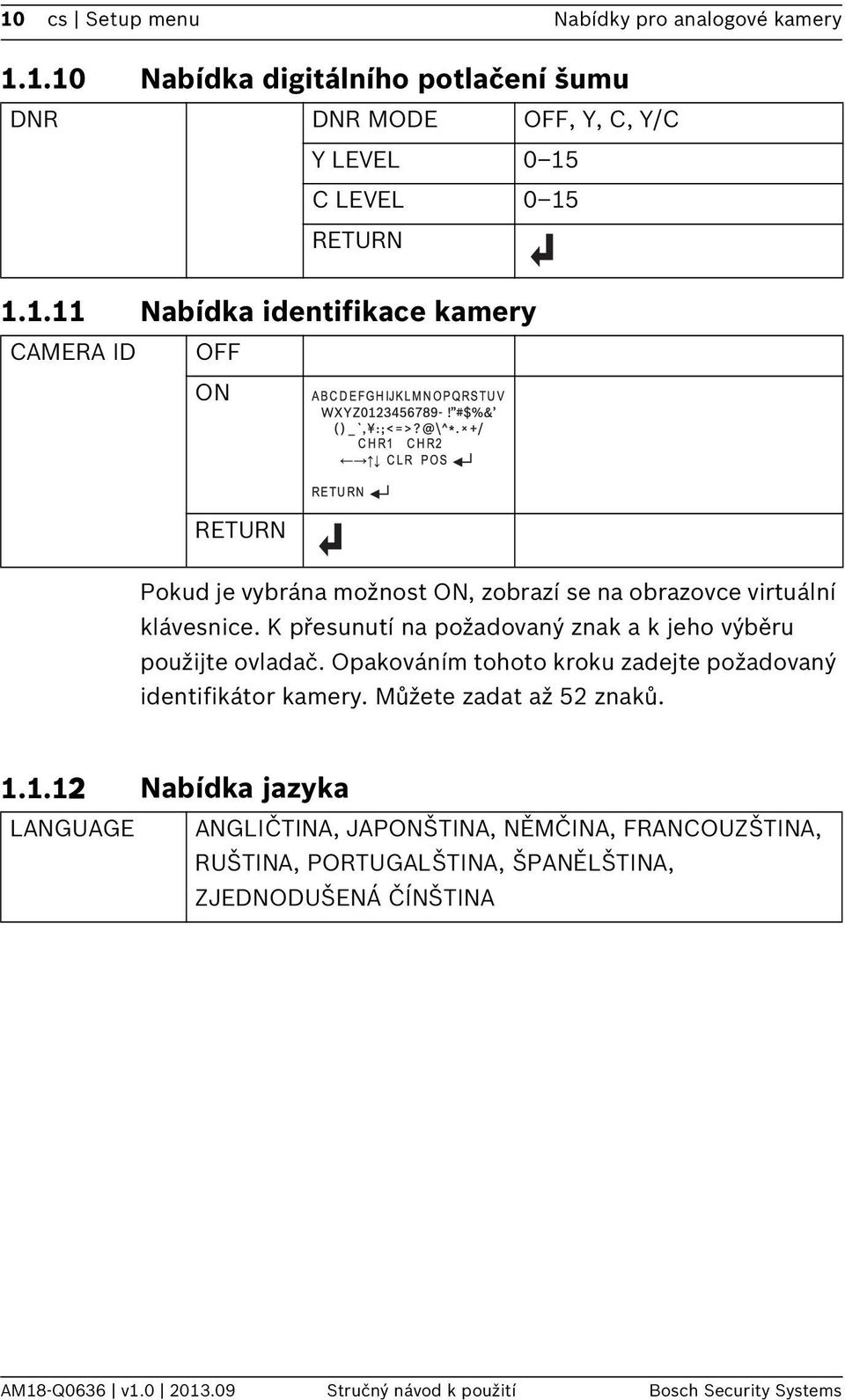 1.12 Nabídka jazyka LANGUAGE ANGLIČTINA, JAPONŠTINA, NĚMČINA, FRANCOUZŠTINA, RUŠTINA, PORTUGALŠTINA, ŠPANĚLŠTINA, ZJEDNODUŠENÁ ČÍNŠTINA AM18-Q0636 v1.0 2013.