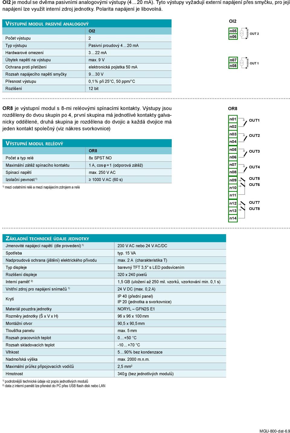 9 V elektronická pojistka 50 ma Rozsah napájecího napětí smyčky 9... 30 V Přesnost výstupu 0,1 % při 25 C, 50 ppm/ C Rozlišení 12 bit OR8 je výstupní modul s 8-mi reléovými spínacími kontakty.