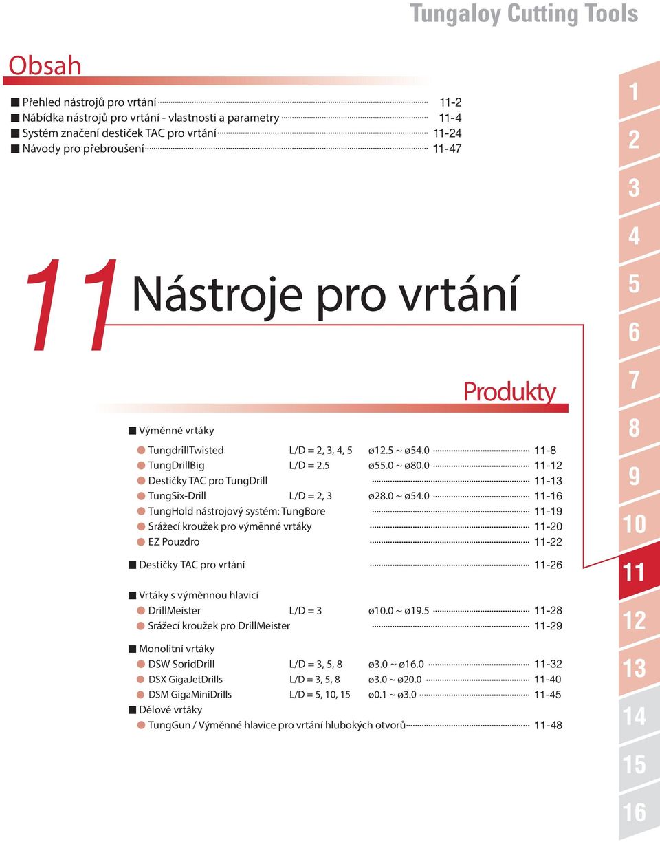 .. -19 Srážecí kroužek pro výměnné vrtáky... -20 EZ Pouzdro... -22 Destičky TAC pro vrtání... -26 Vrtáky s výměnnou hlavicí DrillMeister L/D = 3 ø10.0 ~ ø19.... -28 Srážecí kroužek pro DrillMeister.