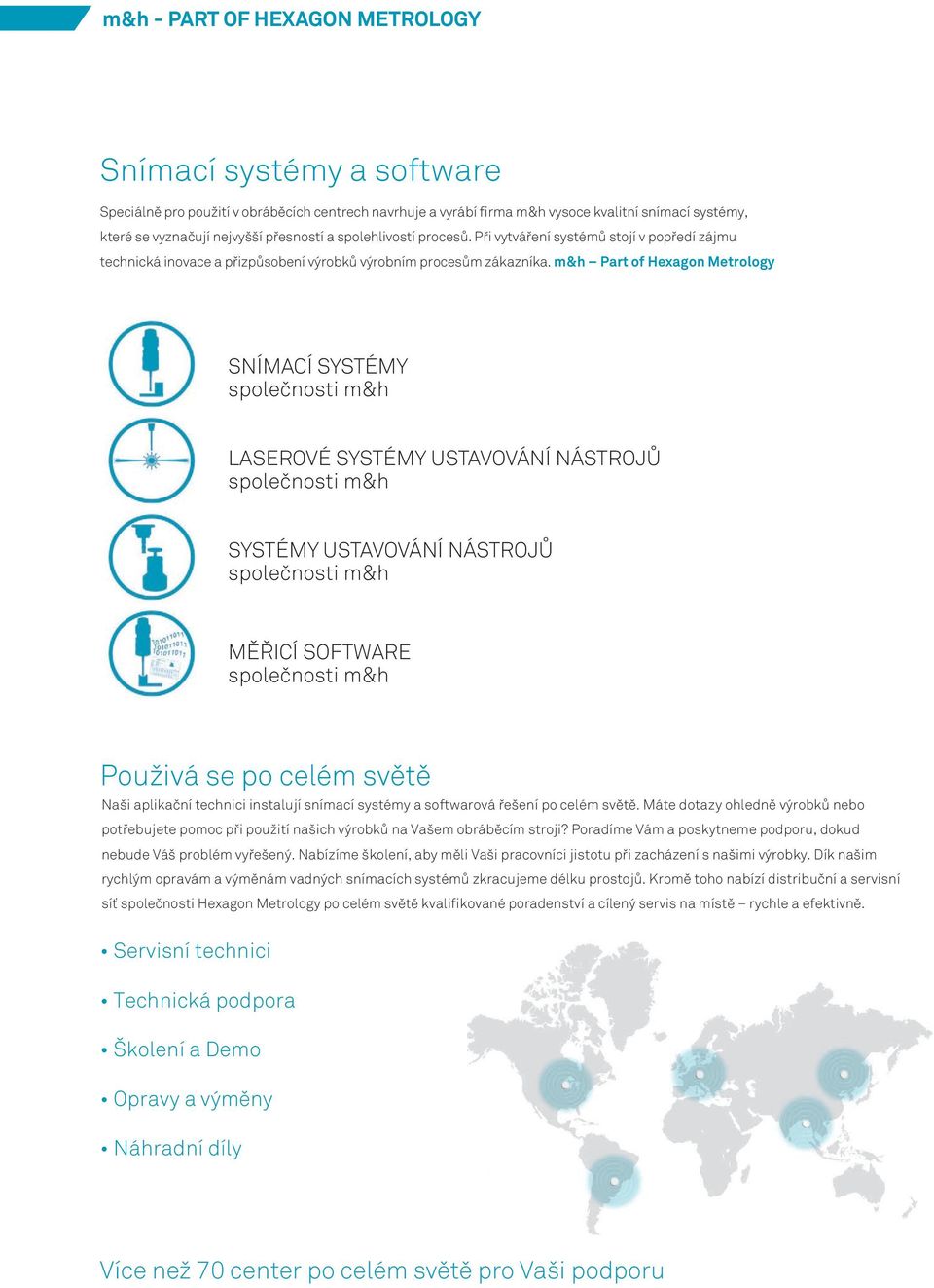 m&h Part of Hexagon Metrology SNÍMACÍ SYSTÉMY LASEROVÉ SYSTÉMY USTAVOVÁNÍ NÁSTROJŮ SYSTÉMY USTAVOVÁNÍ NÁSTROJŮ MĚŘICÍ SOFTWARE Použivá se po celém světě Naši aplikační technici instalují snímací