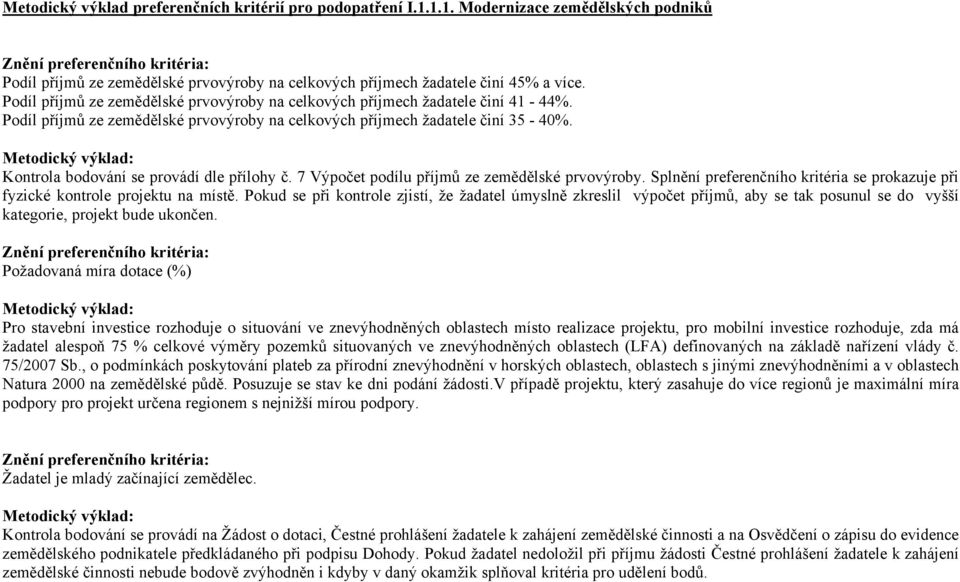 Kontrola bodování se provádí dle přílohy č. 7 Výpočet podílu příjmů ze zemědělské prvovýroby. Splnění preferenčního kritéria se prokazuje při fyzické kontrole projektu na místě.