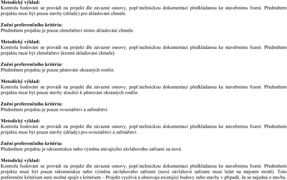 Předmětem projektu musí být chmelařství (kromě skladování chmele). Předmětem projektu je pouze pěstování okrasných rostlin. Kontrola bodování se provádí na projekt dle závazné osnovy, popř.