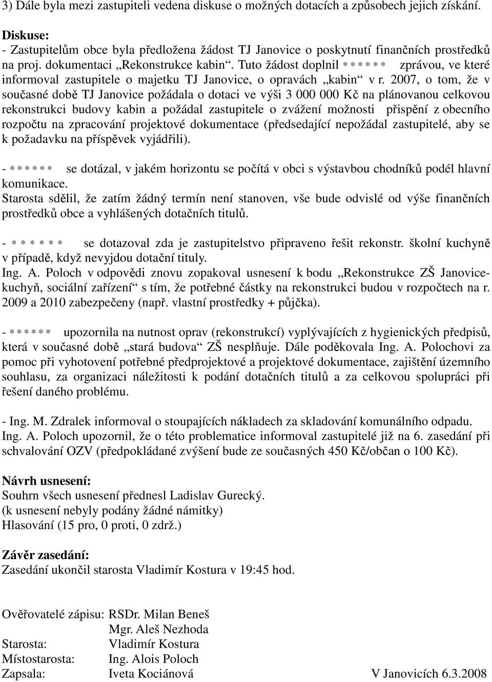 2007, o tom, že v současné době TJ Janovice požádala o dotaci ve výši 3 000 000 Kč na plánovanou celkovou rekonstrukci budovy kabin a požádal zastupitele o zvážení možnosti přispění z obecního