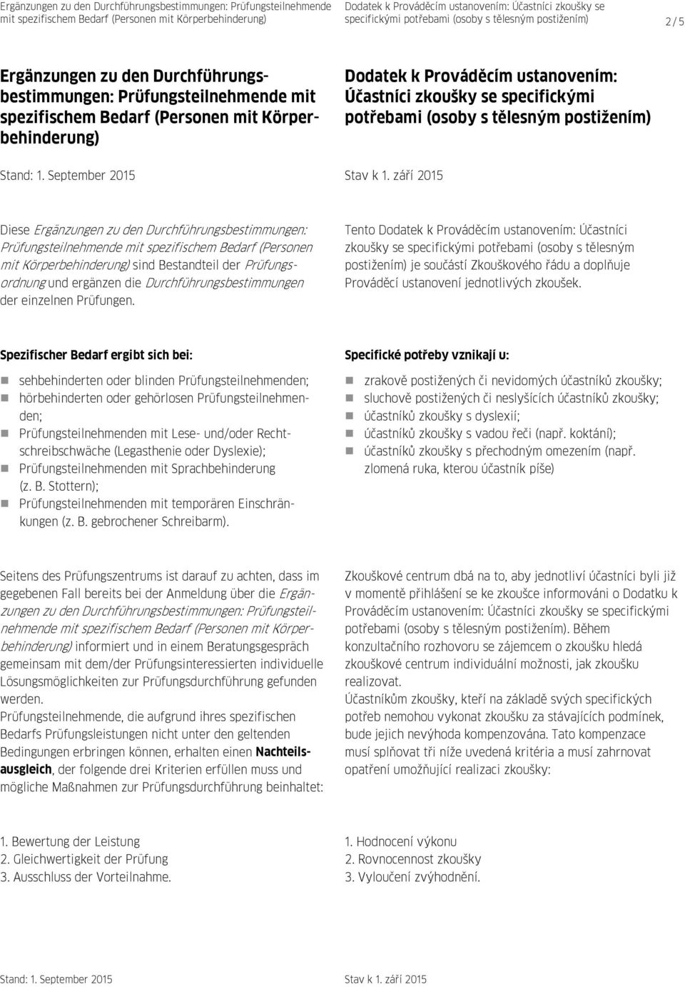 září 2015 Diese Ergänzungen zu den Durchführungsbestimmungen: Prüfungsteilnehmende mit spezifischem Bedarf (Personen mit Körperbehinderung) sind Bestandteil der Prüfungsordnung und ergänzen die