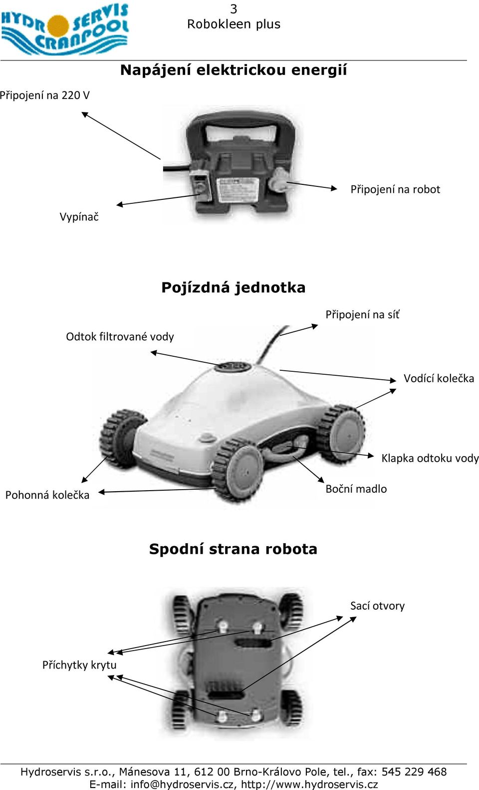 Připojení na síť Vodící kolečka Klapka odtoku vody Pohonná