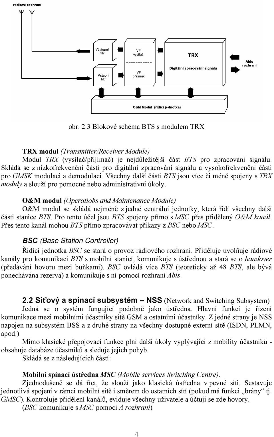 Všechny další části BTS jsou více či méně spojeny s TRX moduly a slouží pro pomocné nebo administrativní úkoly.