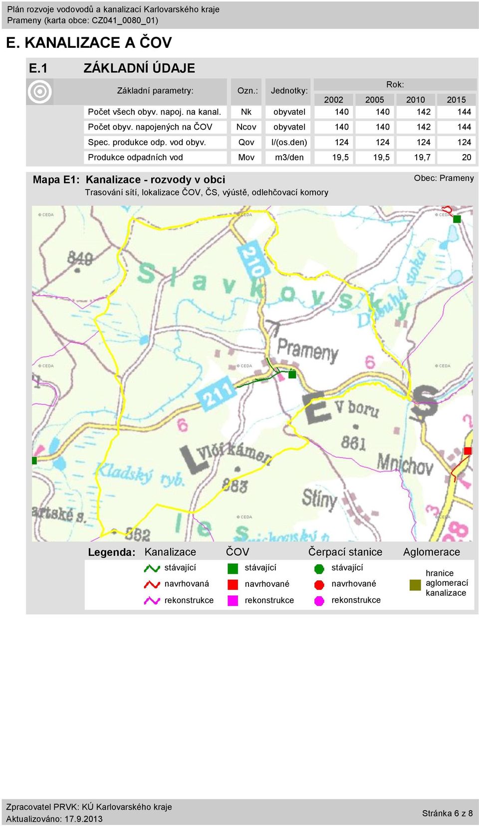 den) 124 124 124 124 Produkce odpadních vod Mov m3/den 19,5 19,5 19,7 20 Mapa E1: Kanalizace - rozvody v obci Trasování sítí, lokalizace ČOV, ČS, výústě,