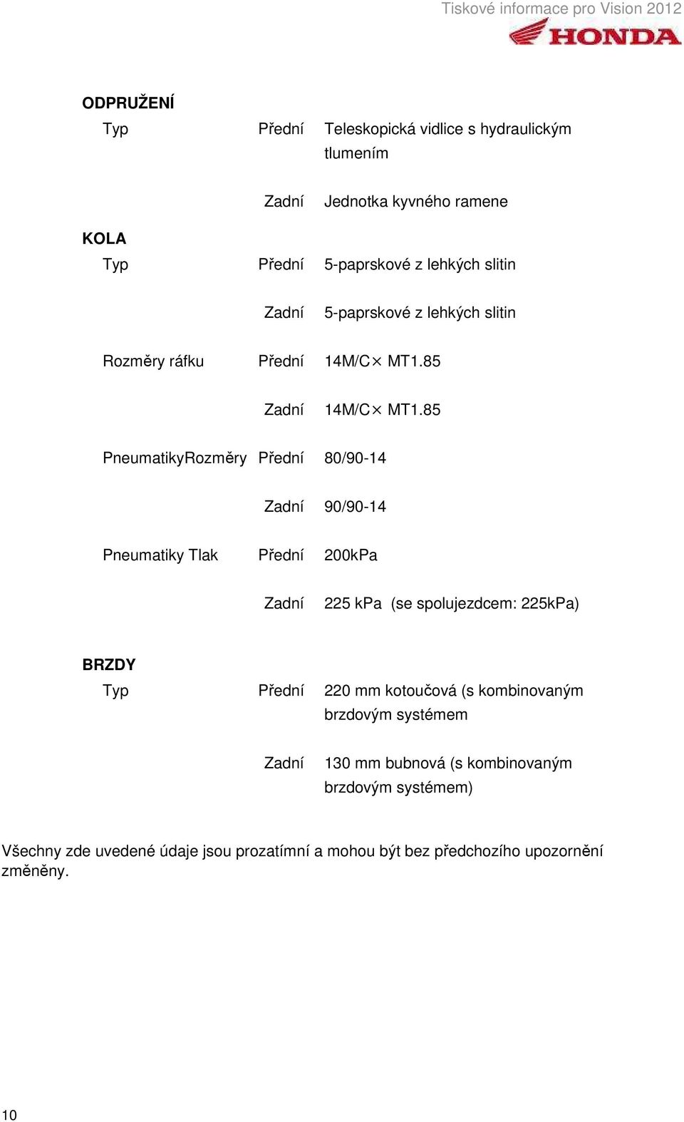 85 PneumatikyRozměry Přední 80/90-14 Zadní 90/90-14 Pneumatiky Tlak Přední 200kPa Zadní 225 kpa (se spolujezdcem: 225kPa) BRZDY Typ Přední