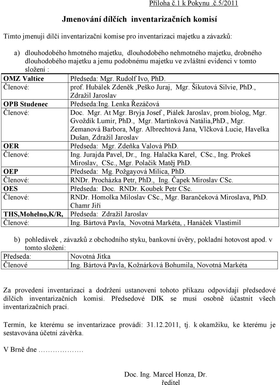 5/2011 Jmenování dílčích inventarizačních komisí Tímto jmenuji dílčí inventarizační komise pro inventarizaci majetku a závazků: a) dlouhodobého hmotného majetku, dlouhodobého nehmotného majetku,