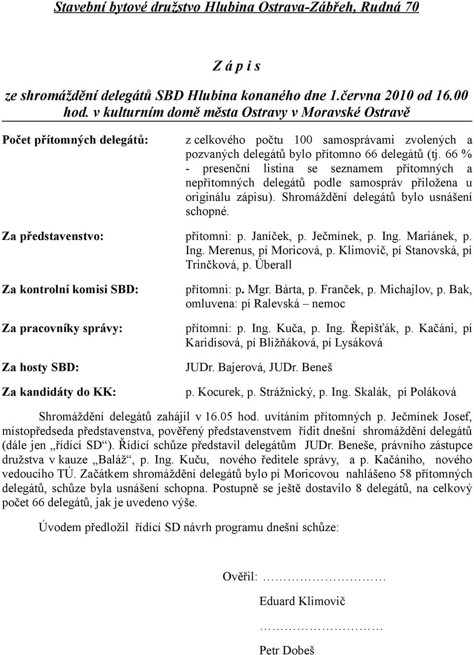 66 % - presenční listina se seznamem přítomných a nepřítomných delegátů podle samospráv přiložena u originálu zápisu). Shromáždění delegátů bylo usnášení schopné. Za představenstvo: přítomni: p.