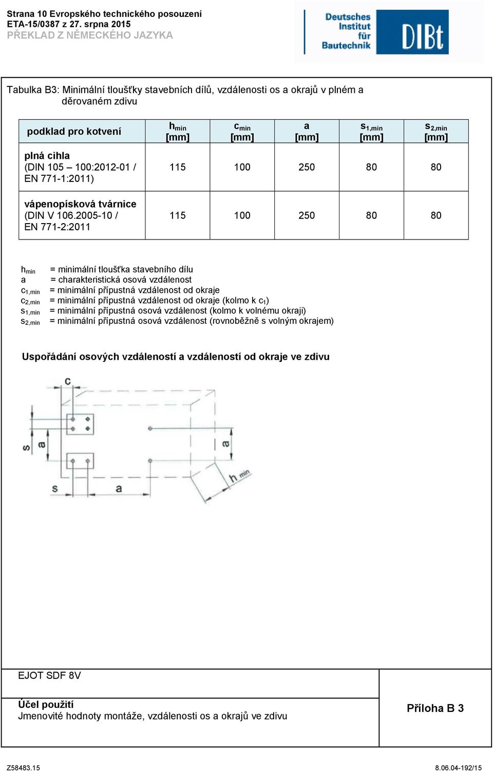 2005-10 / EN 771-2:2011 h min c min a s 1,min s 2,min 115 100 250 80 80 115 100 250 80 80 h min = minimální tloušťka stavebního dílu a = charakteristická osová vzdálenost c 1,min = minimální