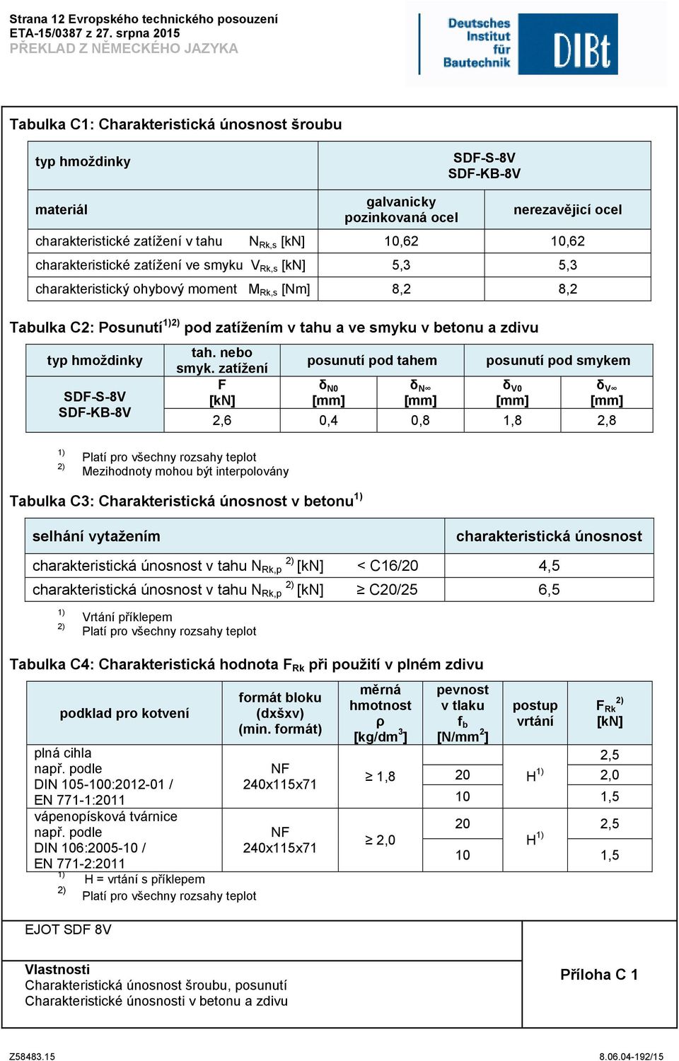 smyku v betonu a zdivu typ hmoždinky SDF-S-8V SDF-KB-8V tah. nebo smyk.