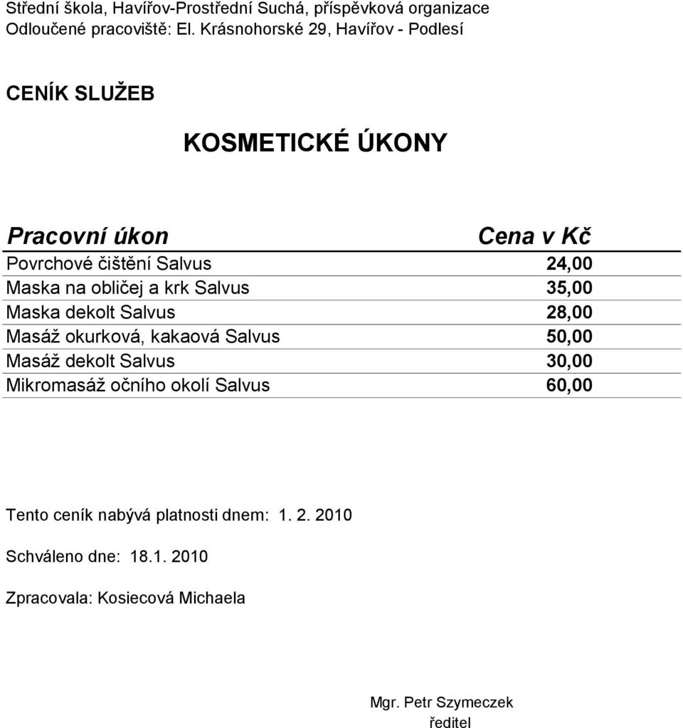 Salvus 50,00 Masáž dekolt Salvus 30,00 Mikromasáž očního okolí Salvus 60,00 Tento ceník