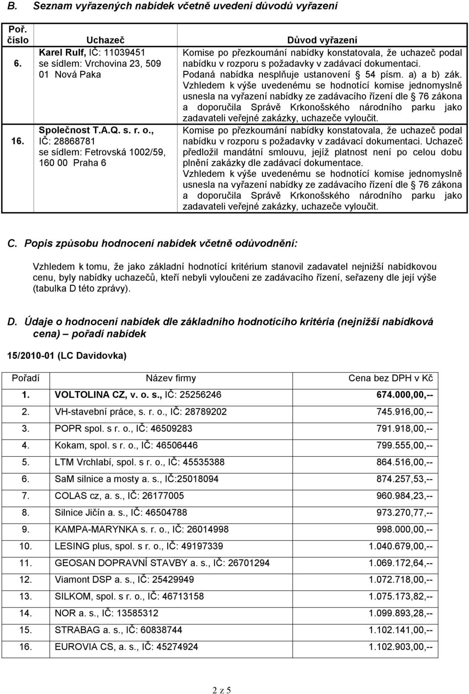 Podaná nabídka nesplňuje ustanovení 54 písm. a) a b) zák.