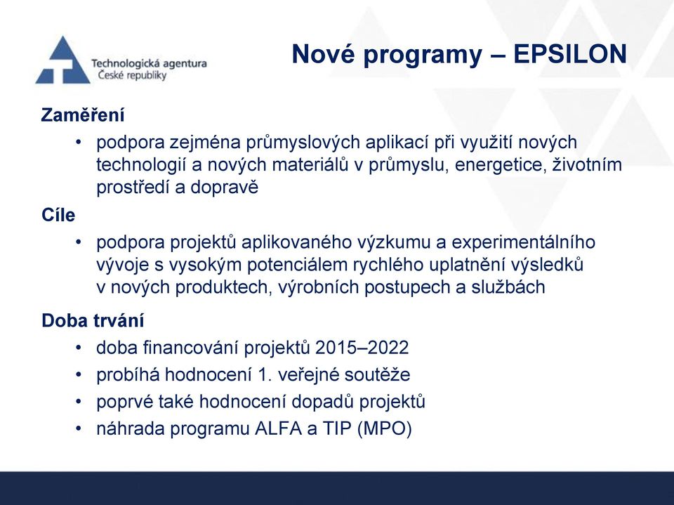 vysokým potenciálem rychlého uplatnění výsledků v nových produktech, výrobních postupech a službách Doba trvání doba