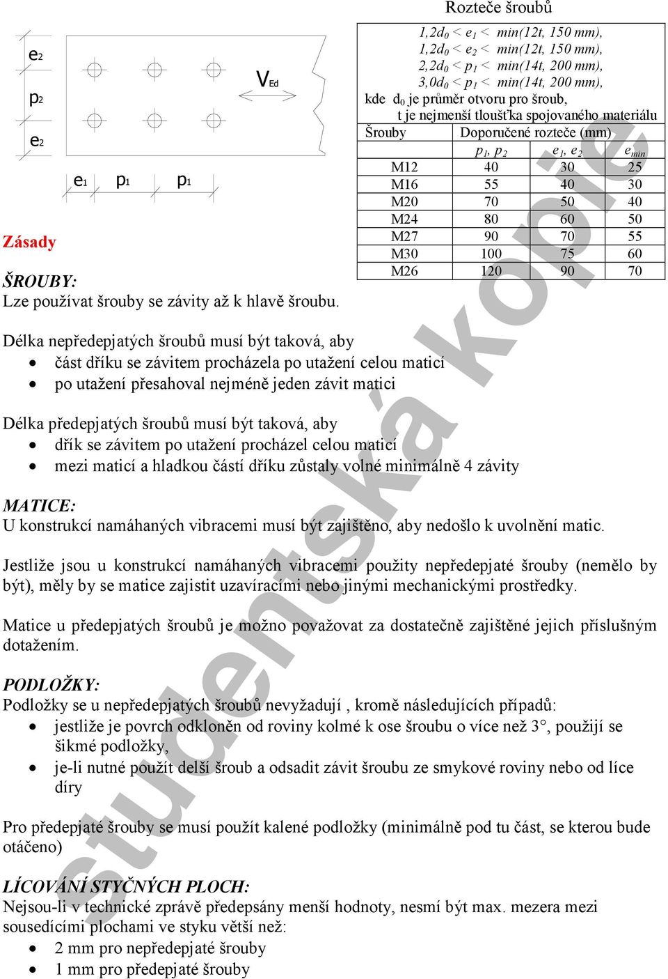 1,2d < e 2 < min(12t, 15 mm), 2,2d < p 1 < min(14t, 2 mm), 3,d < p 1 < min(14t, 2 mm), kde d je průměr otvoru pro šroub, t je nejmenší tloušťka spojovaného materiálu Šrouby Doporučené rozteče (mm) p