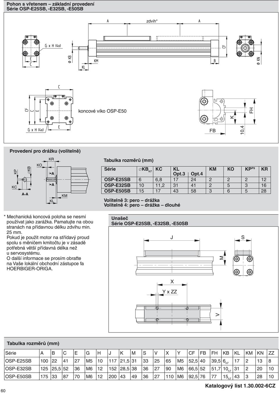O další informace se prosím obraťte na Vaše loální obchodní zástupce fa HOERBIGER-ORIGA. Unašeč Série OSP-E25SB, -E32SB, -E50SB J X Y x ZZ V Tabula rozměrů (mm) Série KB h7 KC K Opt.3 Opt.
