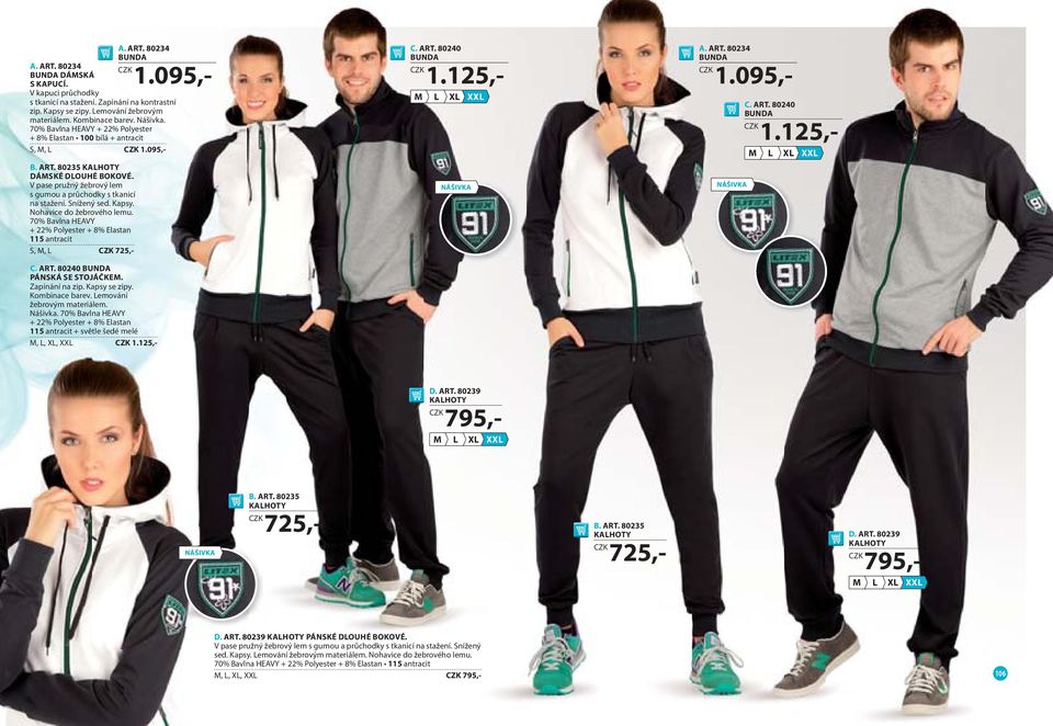 Kapsy. Nohavice do žebrového lemu. 70% Bavlna HEAVY + 22% Polyester + 8% Elastan 115 antracit,, 725,- C. ART. 80240 BUNDA PÁNKÁ E TOJÁČKE. Zapínání na zip. Kapsy se zipy. Kombinace barev.