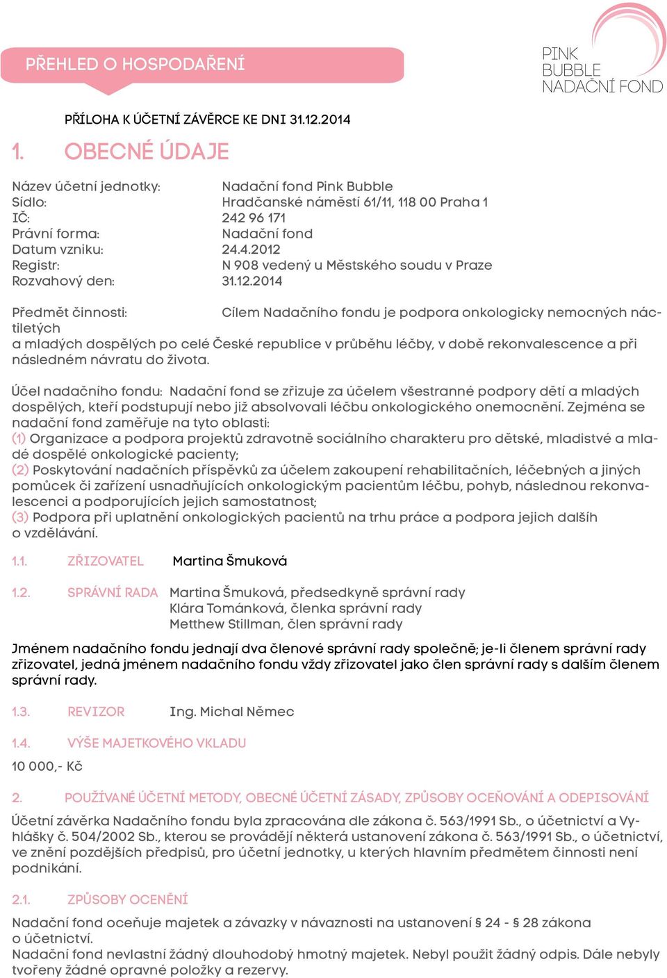 12.2014 Předmět činnosti: Cílem Nadačního fondu je podpora onkologicky nemocných náctiletých a mladých dospělých po celé České republice v průběhu léčby, v době rekonvalescence a při následném