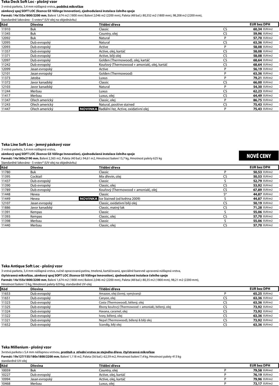 ): 80,352 m2 (1800 mm), 98,208 m2 (2200 mm), Standardně lakováno - 5 vrstev* (UV-olej na objednávku) Kód Dřevina Třídění dřeva EUR bez DPH 11910 Buk Classic CS 60,34 EUR/m2 11345 Buk Country, olej CS