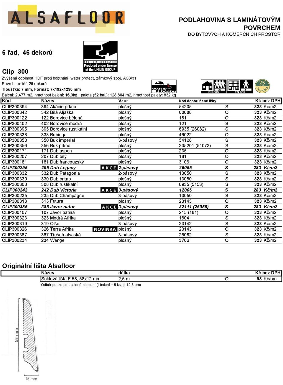 ): 128,804 m2, hmotnost palety: 832 kg Kód Název Vzor Kód doporučené lišty CLIP300394 394 Akácie prkno plošný 54205 S 323 Kč/m2 CLIP300342 342 Bílá Aljaška plošný 00088 O 323 Kč/m2 CLIP300122 122