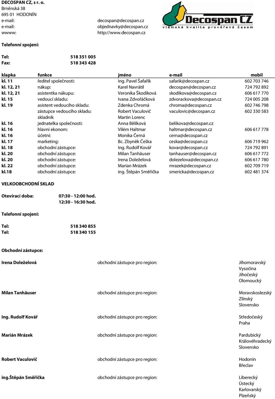 12, 21 asistentka nákupu: Veronika Škodíková skodikova@decospan.cz 606 617 770 kl. 15 vedoucí skladu: Ivana Zdvořáčková zdvorackova@decospan.cz 724 005 208 kl.