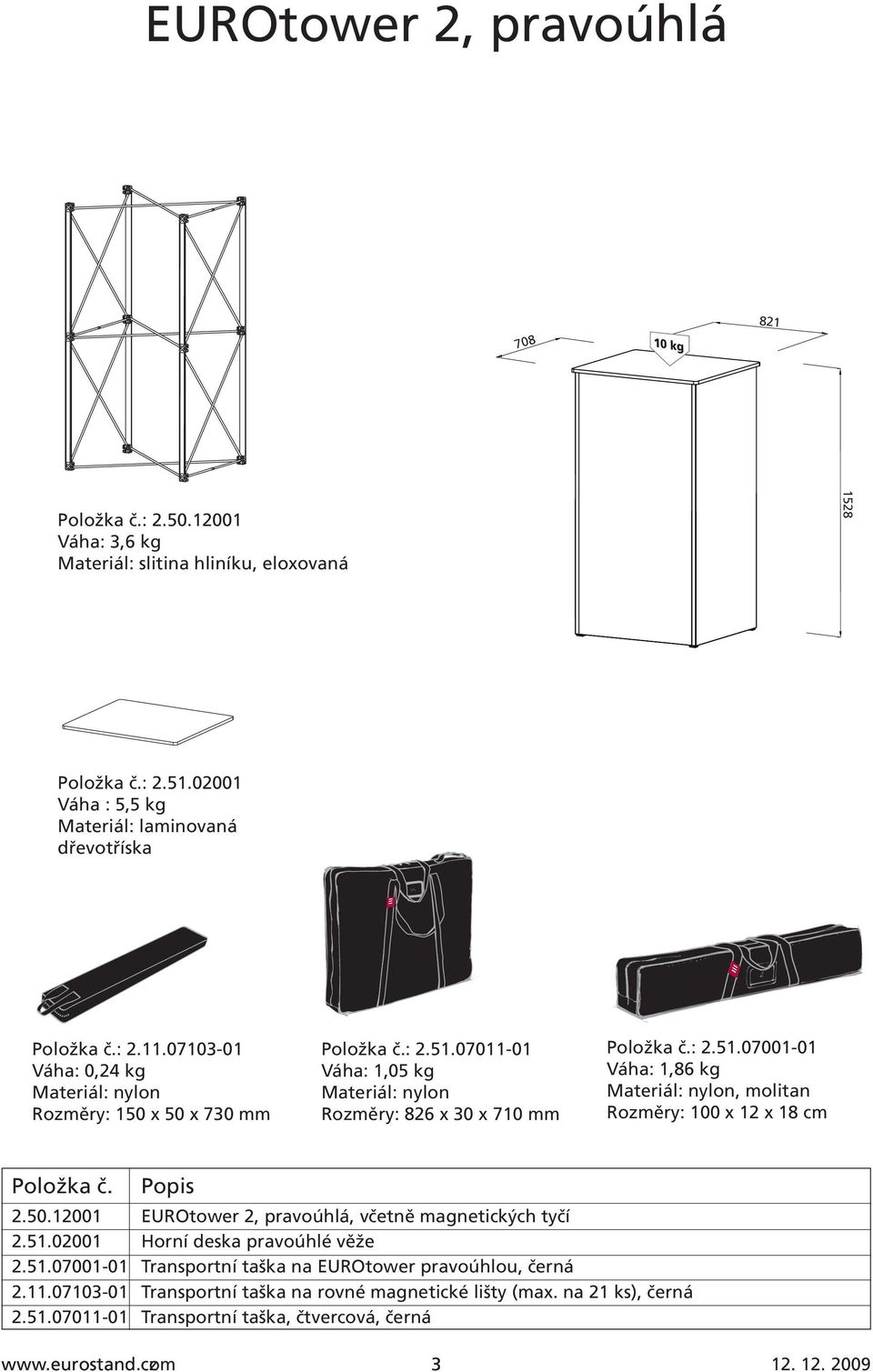 .12001 EUROtower 2, pravoúhlá, včetně magnetických tyčí 2.51.02001 Horní deska pravoúhlé věže 2.51.07001-01 Transportní taška na EUROtower pravoúhlou, černá 2.11.