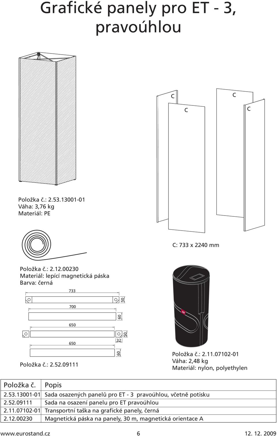 53.13001-01 Sada osazených panelů pro ET - 3 pravoúhlou, včetně potisku 2.52.09111 Sada na osazení panelu pro ET pravoúhlou 2.11.07102-01 Transportní taška na grafické panely, černá 2.