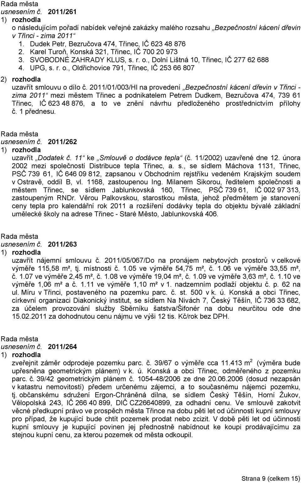 2011/01/003/Hl na provedení Bezpečnostní kácení dřevin v Třinci - zima 2011 mezi městem Třinec a podnikatelem Petrem Dudkem, Bezručova 474, 739 61 Třinec, IČ 623 48 876, a to ve znění návrhu