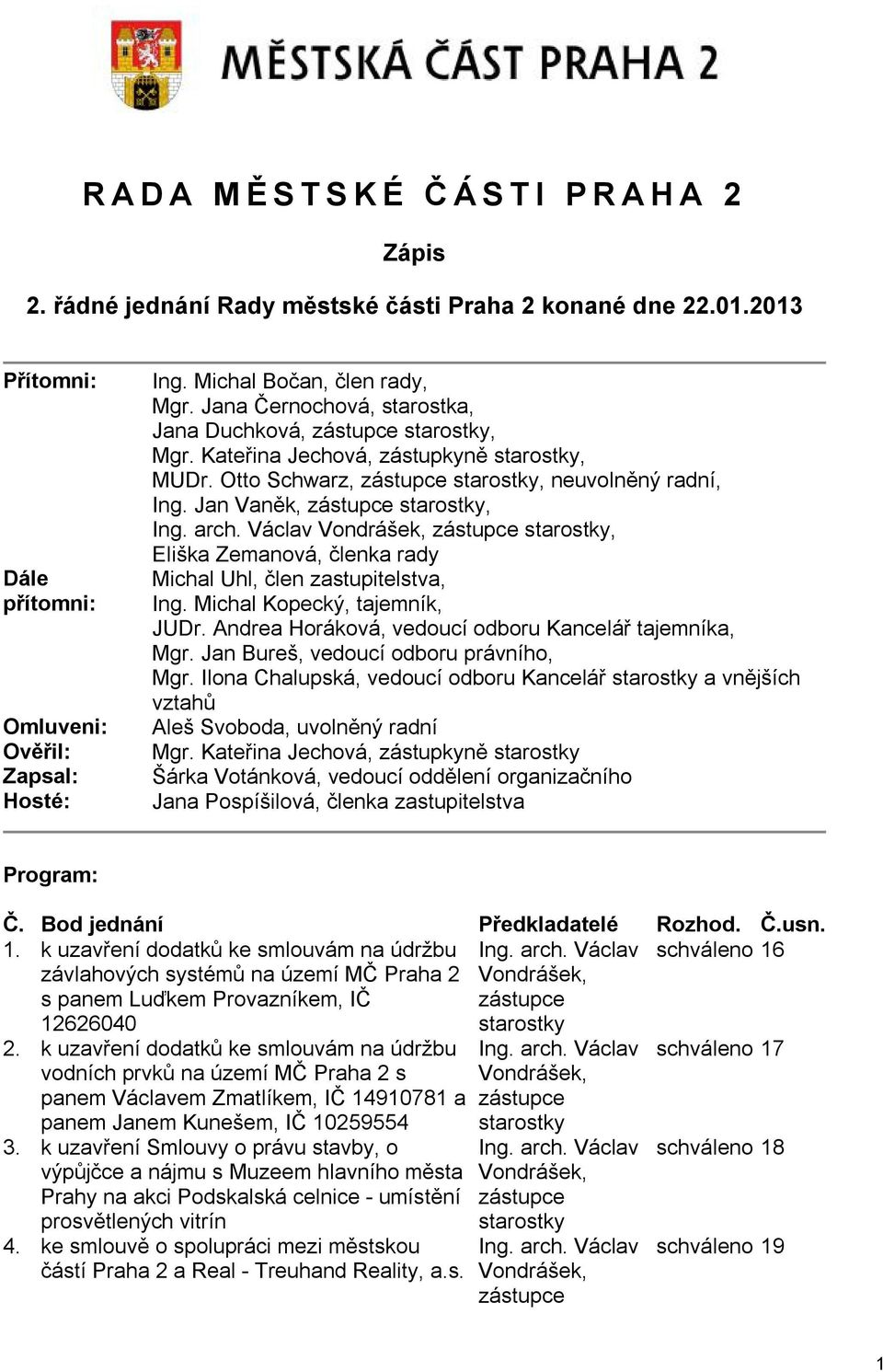 Jan Vaněk, zástupce starostky, Ing. arch. Václav Vondrášek, zástupce starostky, Eliška Zemanová, členka rady Michal Uhl, člen zastupitelstva, Ing. Michal Kopecký, tajemník, JUDr.