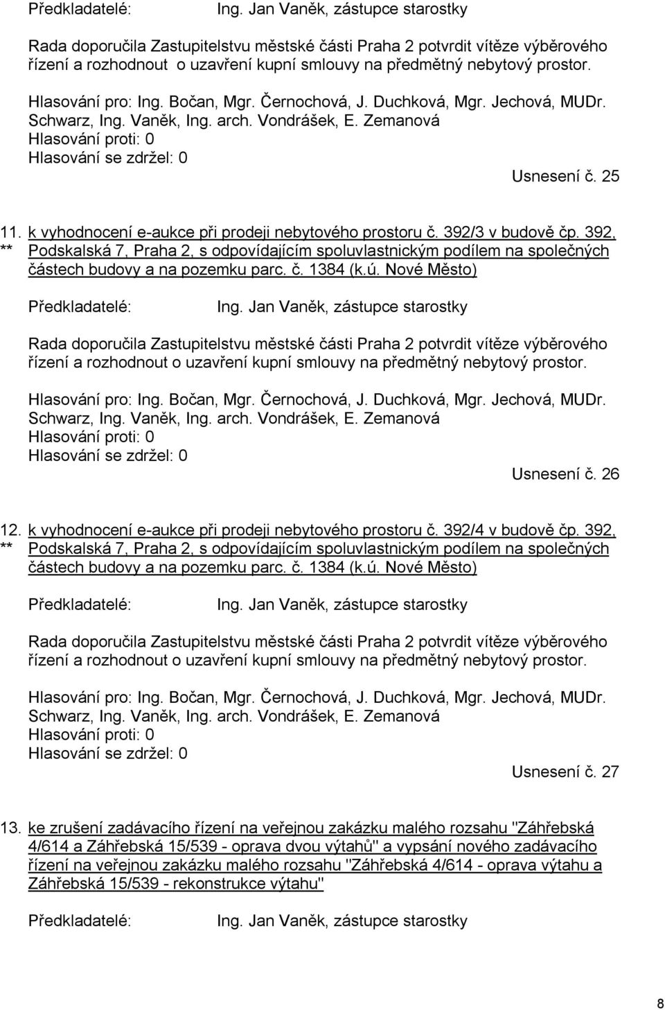 Hlasování pro: Ing. Bočan, Mgr. Černochová, J. Duchková, Mgr. Jechová, MUDr. Schwarz, Ing. Vaněk, Ing. arch. Vondrášek, E. Zemanová Hlasování proti: 0 Hlasování se zdržel: 0 Usnesení č. 25 11.