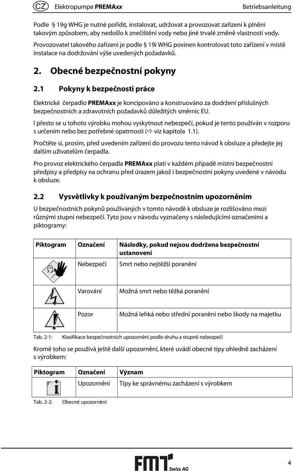 1 Pokyny k bezpečnosti práce Elektrické čerpadlo PREMAxx je koncipováno a konstruováno za dodržení příslušných bezpečnostních a zdravotních požadavků důležitých směrnic EU.