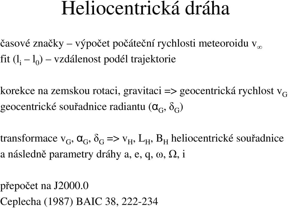 geocentrické souřadnice radiantu (α G, δ G ) transformace v G, α G, δ G => v H, L H, B H