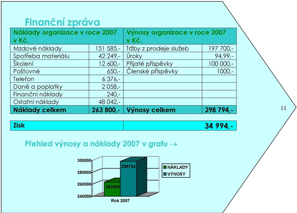 příspěvky 100 000,- Poštovné 650,- Členské příspěvky 1000,- Telefon 6 376,- Daně a poplatky 2 058,- Finanční náklady 240,- Ostatní